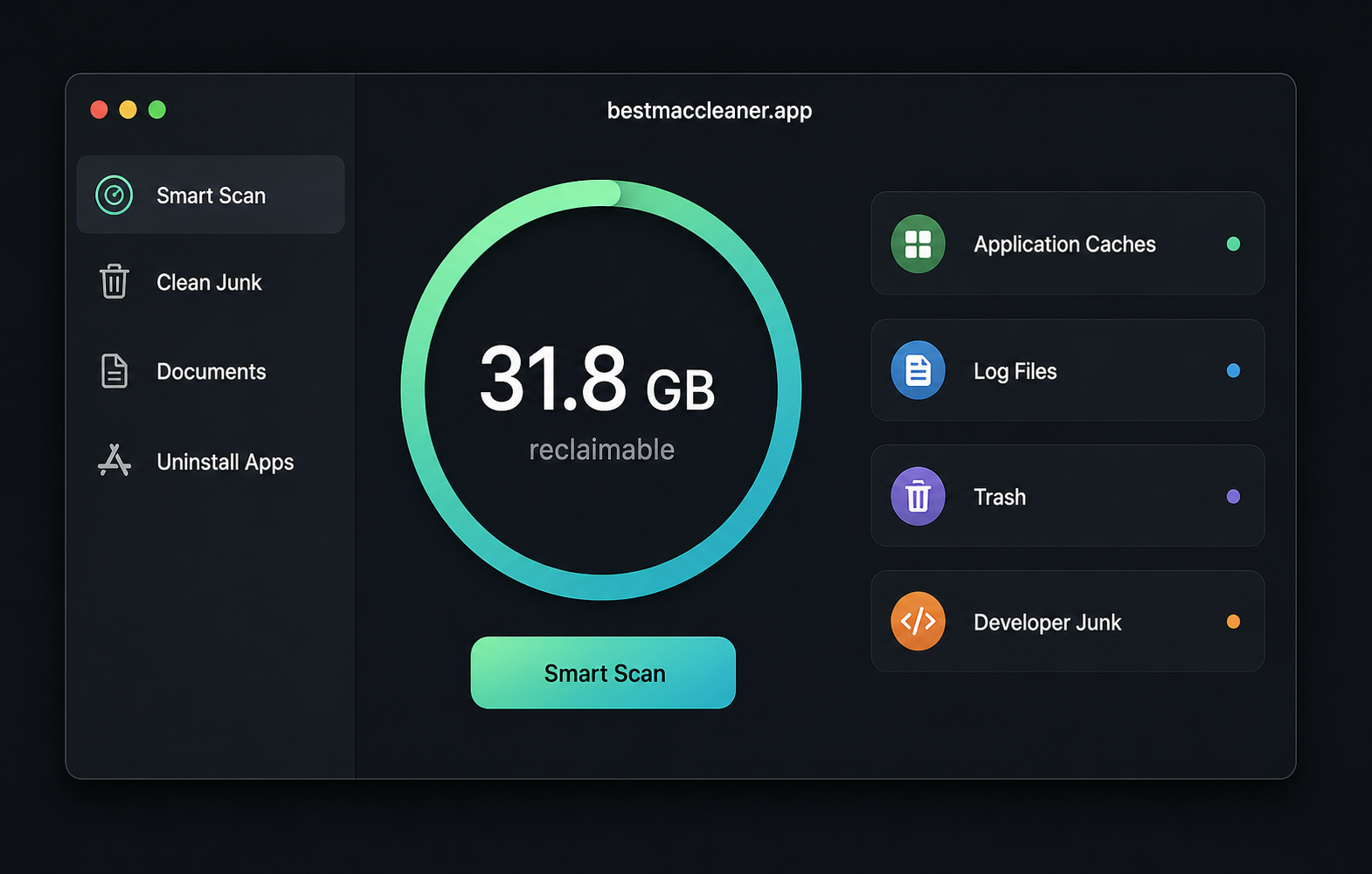 Best Mac Cleaner dashboard showing 31.8 GB reclaimable space